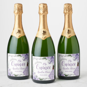 Étiquettes Pour Bouteilles De Vin Mousseux Princesse Florale violette Silver Quinceañera 16 1
