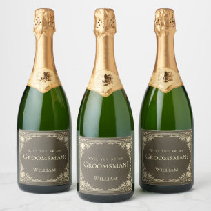 Étiquettes Pour Bouteilles De Vin Mousseux Proposition Groomsman Gold Noir Vintage Élégant