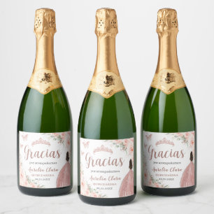 Étiquettes Pour Bouteilles De Vin Mousseux Quinceañera Blush Floral Rose Gold robe Princesse