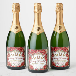 Étiquettes Pour Bouteilles De Vin Mousseux Quinceanera Country Western Roses Rouges Bottes de