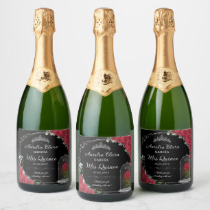 Étiquettes Pour Bouteilles De Vin Mousseux Quinceañera Rouge Floral Enchanté Rose Noir Argent