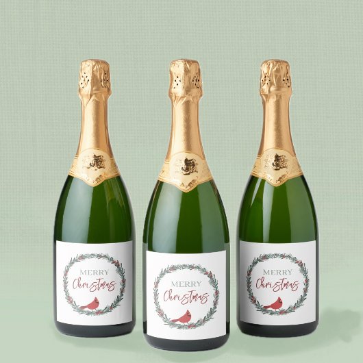 Étiquettes Pour Bouteilles De Vin Mousseux Red Berries Wreath and Red Cardinal Christmas