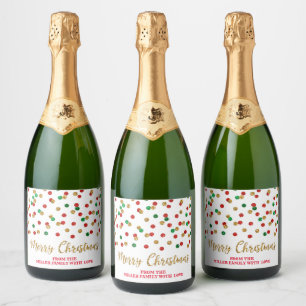 Étiquettes Pour Bouteilles De Vin Mousseux Red Green Gold Confetti Joyeux Noël personnalisé