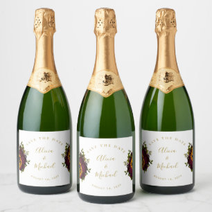 Étiquettes Pour Bouteilles De Vin Mousseux Rustique floral élégant script mariage date de sau