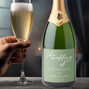 Étiquettes Pour Bouteilles De Vin Mousseux Sage Green White Typographie minimaliste Mariage