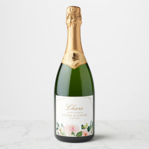 Étiquettes Pour Bouteilles De Vin Mousseux SANTÉ   or géométrique et mariage floral blush