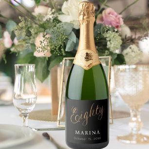 Étiquettes Pour Bouteilles De Vin Mousseux Script de nom en or noir 80e anniversaire