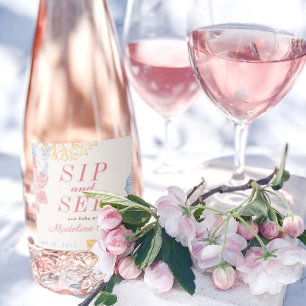 Étiquettes Pour Bouteilles De Vin Mousseux Sip and See Baby shower Decor Floral moderne