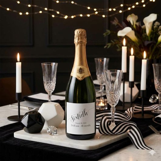 Étiquettes Pour Bouteilles De Vin Mousseux Sixtieth Birthday Elegant Black Script Personalize
