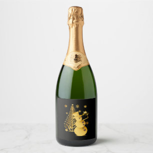 Étiquettes Pour Bouteilles De Vin Mousseux Snowman de Noël en or et Star Tree
