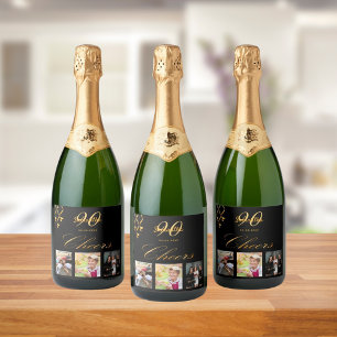 Étiquettes Pour Bouteilles De Vin Mousseux Soirée de 90e anniversaire or noir acclamer script