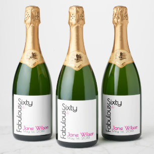 Étiquettes Pour Bouteilles De Vin Mousseux Soixante Anniversaire Fabuleux Chic Rose & Noir