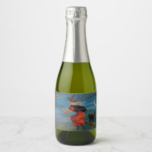 Étiquettes Pour Bouteilles De Vin Mousseux Sorcière volant avec chat noir la nuit d'Halloween
