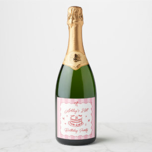 Étiquettes Pour Bouteilles De Vin Mousseux Thème Anniversaire Fille Rose Rayé Vintage Dessiné