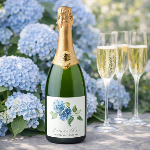 Étiquettes Pour Bouteilles De Vin Mousseux Thème de Baby Shower "Hydrangeas Bleues"