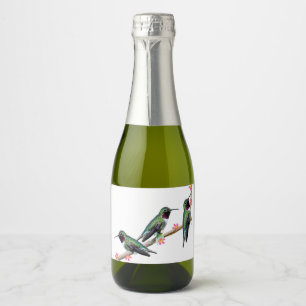 Étiquettes Pour Bouteilles De Vin Mousseux Trois colibris perchés sur une branche d'une fleur