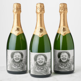 Étiquettes Pour Bouteilles De Vin Mousseux TYPOGRAPHIE ET PHOTO DE FÊTE Élégant Anniversaire