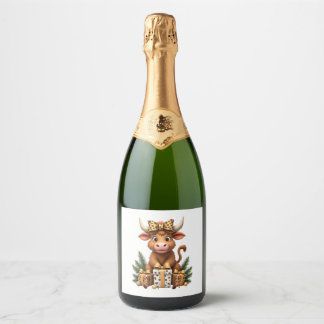 Étiquettes Pour Bouteilles De Vin Mousseux Vache des Highlands Noël Santa Vache des Highlands