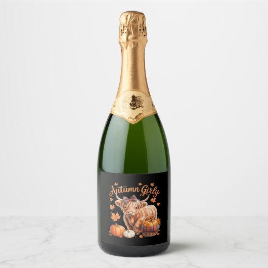 Étiquettes Pour Bouteilles De Vin Mousseux Vache Highland Chute Automne Fille Thanksgiving C (Devant)