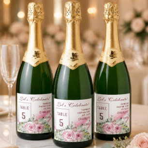 Étiquettes Pour Bouteilles De Vin Mousseux Vague rose et fleurie Numéro de table Sparkling Wi