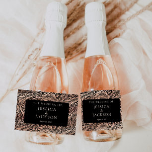 Étiquettes Pour Bouteilles De Vin Mousseux Vin Élégant Floral Noir et Rose Gold Pétillant 