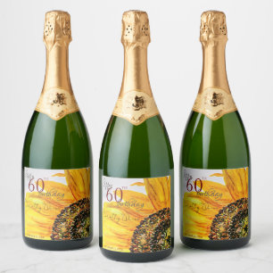 Étiquettes Pour Bouteilles De Vin Mousseux Watercolor Floral Tournesol fête d'anniversaire