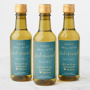 Étiquettes Pour Bouteilles De Vin Pairs Well Bridesmaid Proposition Turquoise Blue G