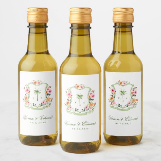 Étiquettes Pour Bouteilles De Vin Palmier tropical Monogram Crest Beach Wedding (Bouteilles)