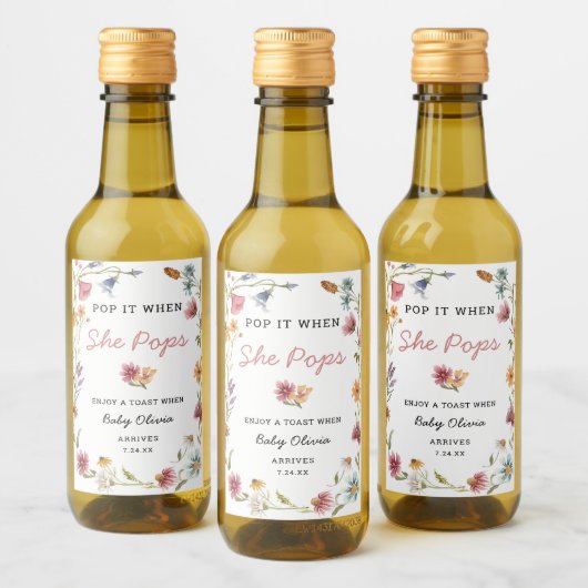 Étiquettes Pour Bouteilles De Vin Pop it When She Pops Fleur sauvage Baby shower (Bouteilles)