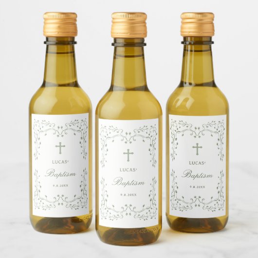 Étiquettes Pour Bouteilles De Vin Sage Green Foliage Frame Baptism Small (Bouteilles)