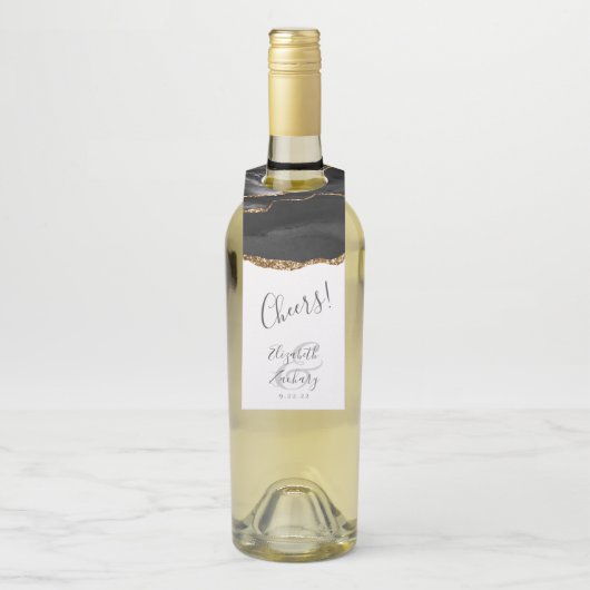 Étiquettes Pour Bouteilles Elégant Agate Black Gold Mariage Cheveux (Sur bouteille)