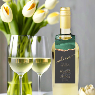 Étiquettes Pour Bouteilles Élégant Agate Émeraude Vert Or Mariage Bienvenue