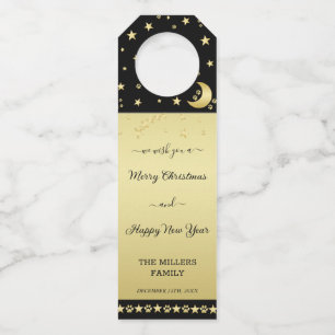 Étiquettes Pour Bouteilles Étoiles de Noël brillantes dorées, pattes sur fond