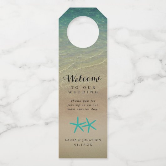 Étiquettes Pour Bouteilles Faveur tropicale de mariage de plage sablonneuse (Devant)