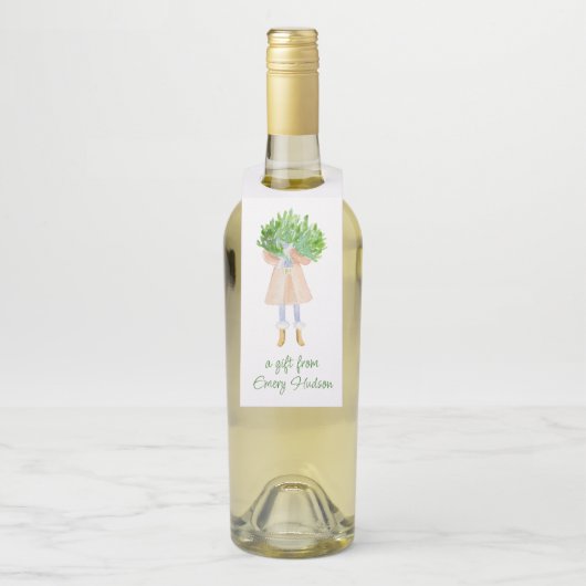 Étiquettes Pour Bouteilles Fille de mode Noël à l'aquarelle avec verdure (Sur bouteille)