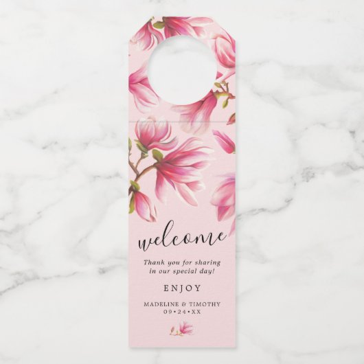 Étiquettes Pour Bouteilles Fleurs de Magnolia Rose Monogramme Cadeau de Maria (Devant)