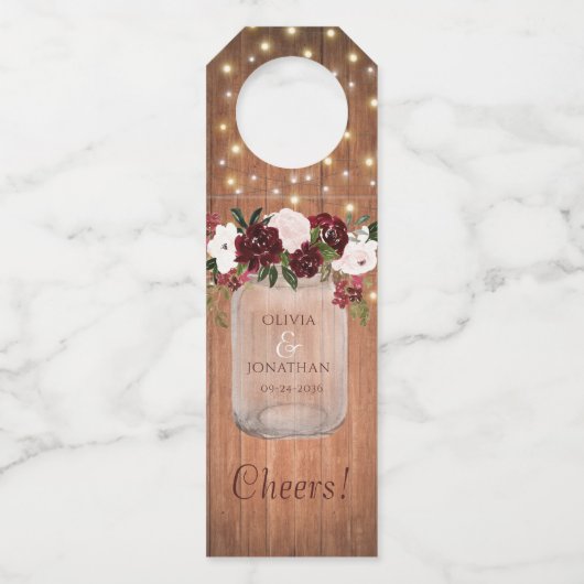 Étiquettes Pour Bouteilles Floral Burgundy Mason Jar Rustique Mariage (Devant)