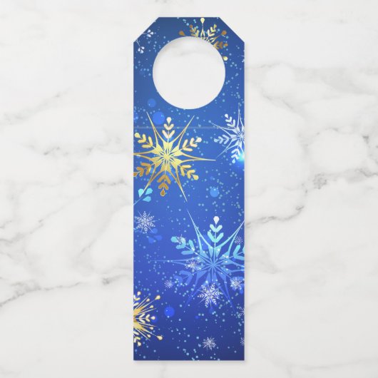 Étiquettes Pour Bouteilles Fond bleu de Noël avec flocons d'or (Devant)