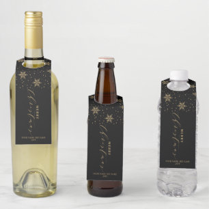 Étiquettes Pour Bouteilles Gold & Black Script moderne neige Joyeux Noël