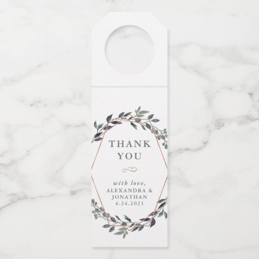 Étiquettes Pour Bouteilles Greenery Geo | Remerciement de mariage en rose gol (Devant)