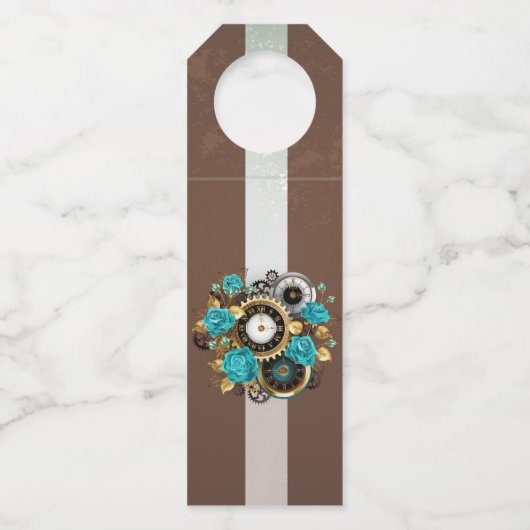 Étiquettes Pour Bouteilles Horloge Steampunk et roses turquoise sur fond rayé (Devant)