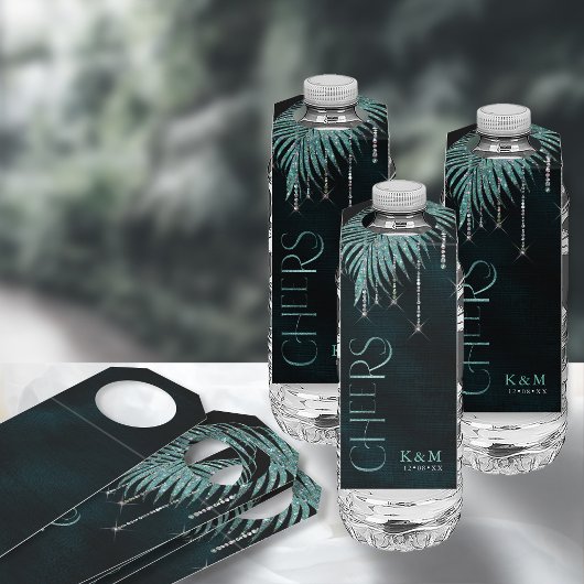 Étiquettes Pour Bouteilles Jewel Palm Leaf Mariage Félicitations Bleu ID830