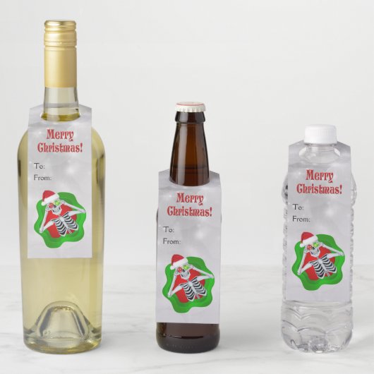 Étiquettes Pour Bouteilles Joyeux Noël fun Squelette Ornements en Cercle (En situation)