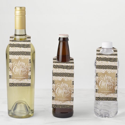 Étiquettes Pour Bouteilles Joyeux Noël Or Rayures Noires et Blanches (En situation)