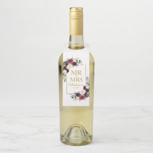 Étiquettes Pour Bouteilles M. et Mme Burgundy Mariage Floral Floral Gold