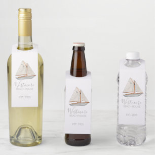 Étiquettes Pour Bouteilles Maison de plage à l'aquarelle voilier