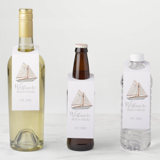 Étiquettes Pour Bouteilles Maison de plage à l'aquarelle voilier (En situation)