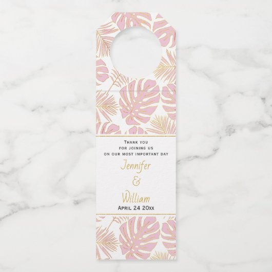 Étiquettes Pour Bouteilles Mariage aux feuilles tropicales rose poudré à pois (Devant)