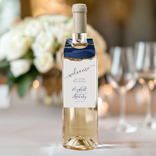 Étiquettes Pour Bouteilles Mariage Élégant Agate Bleu Nuit Or Bienvenue