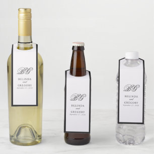 Étiquettes Pour Bouteilles Mariage Élégant Minimaliste Monogramme Noir et Bla